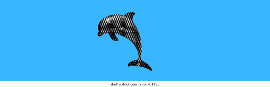 dolphin jumping isolated halftone dots texture retro vintage pop art style collage element for mixed media trendy modern design
