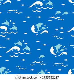 Dolphin Jumping Ocean in Blue Color Palette Vector Graphic Cartoon Seamless Pattern can be use for background and apparel design