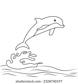Delfín saltando sobre la ola. Delfín monocromo aislado sobre fondo blanco. Plantilla de logotipo. Ilustración del vector EPS 10. Trazo editable.