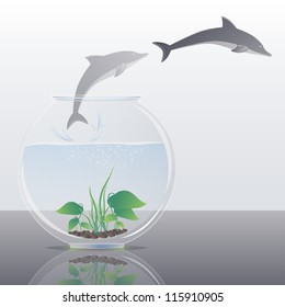 Dolphin jumping out of the fish bowl vector illustration