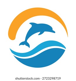 Delfin springt aus der Meereswelle mit sonnigem Bogen