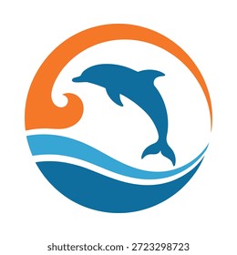 Delfín saltando de la ola del océano en diseño de logotipo circular