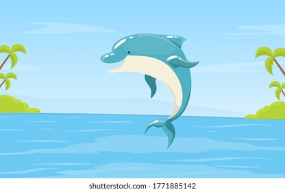 Dolphin Jumping out of the Sea or Ocean Water on Beautiful Nature Summer Landscape Vector Illustration