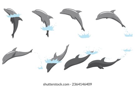 Dolphin jumping out of water animation. Illustration of dolphin performing an acrobatic jump in the ocean. Great for marine life or summer vacation designs