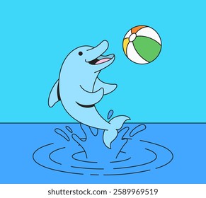 A dolphin jumping out of the water to catch a beach ball cartoon illustration vector for summer fun and joy