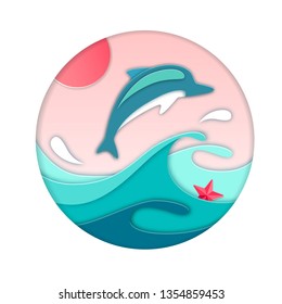 Dolphin jumping out of the water. Cut out paper art style design