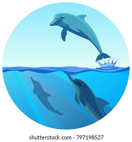 Dolphin jumping out of water in deep blue sea, vector