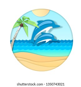 Dolphin jumping out of the water on beach background. Cut out paper art style design