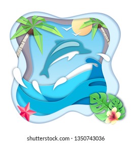 Dolphin jumping out of the water on beach background. Cut out paper art style design