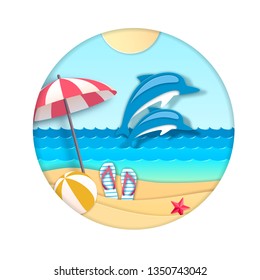 Dolphin jumping out of the water on beach background. Cut out paper art style design
