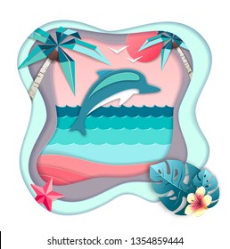 Dolphin jumping out of the water on beach background. Cut out paper art style design