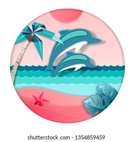 Dolphin jumping out of the water on beach background. Cut out paper art style design