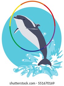 Dolphin jumping out of water through hoop vector flat illustration