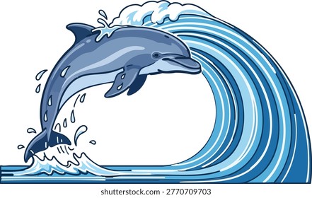 Dolphin jumping out of a wave with creature wildlife swimming vacation outdoors illustration
