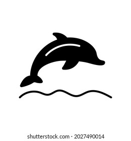 Dolphin jumping over water glyph icon. Maldives animal. Coral island. Tropical resort. Black filled symbol. Isolated vector stock illustration