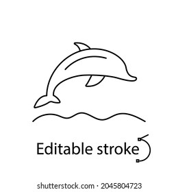 Dolphin jumping over water outline icon. Maldives animal. Editable stroke. Isolated vector stock illustration