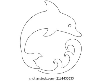 Dolphin jumping over a wave - vector line art picture for coloring with editable outline. Outline. Dolphin - marine mammal editable line.