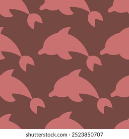 Dolphin jumping. Pink sea mammal. Repeating vector pattern. Seamless ornament of diving sea mammals. Isolated red background. Flat style. Ocean inhabitant with fins and tail. Idea for web design.