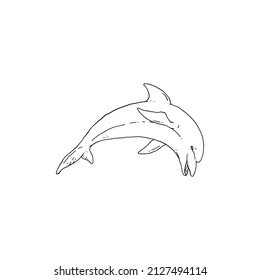 Dolphin jumping playful aquatic animal black white sketch line doodle vector Illustration.