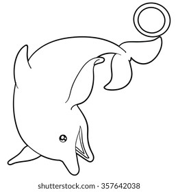 dolphin jumping from ring cartoon black and white ,line art vector