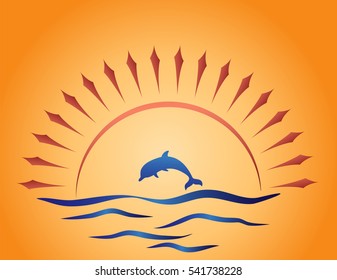 Dolphin jumping in the sea against the background of the sun. Vector illustration