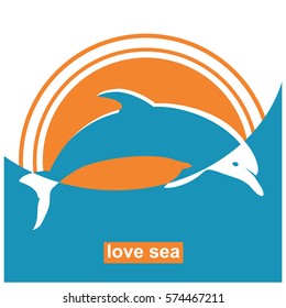 Dolphin jumping in sea.Vector sign concept sea illustration background in simple flat style