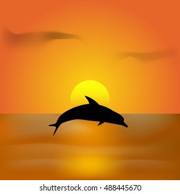 Dolphin jumping at sunset, vector background