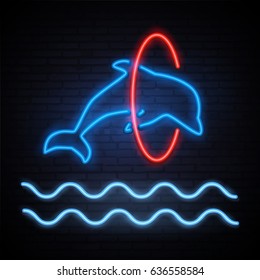 Dolphin jumping through a Hoop. Neon pattern summer. Dolphin, sea, sun. Sea waves and sun. Summer vacation. Jumping Dolphin. A bright pattern of neon. Vector image