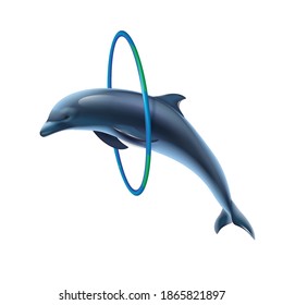 Dolphin jumping through ring closeup isolated realistic image side view white background vector illustration 