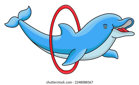 Dolphin jumping through ring closeup isolated realistic image side view white background vector illustration