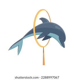 Dolphin jumping through ring flat vector illustration