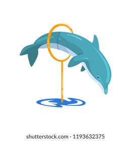 Dolphin jumping through a ring, sea animal performing in public in dolphinarium vector Illustration on a white background