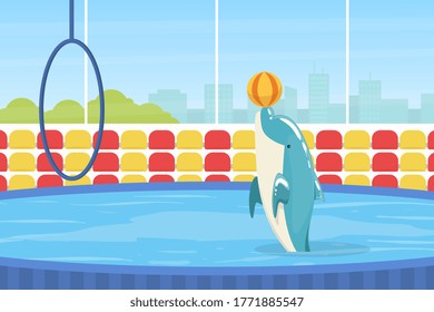 Dolphin Jumping Through Ring, Sea Animal Performing in Dolphinarium Vector Illustration