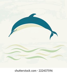  Dolphin jumping through a wave, vintage illustration