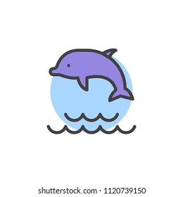 Dolphin jumping in the water filled outline icon, line vector sign, linear colorful pictogram isolated on white. Playing dolphin in ocean waves symbol, logo illustration. Pixel perfect vector graphics