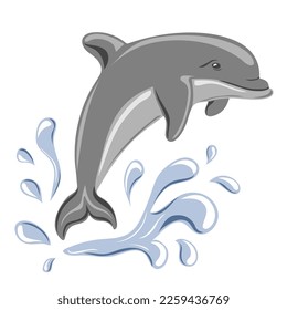 Dolphin jumping in water. Marine dweller. Concept of sea and ocean life. Vector illustration