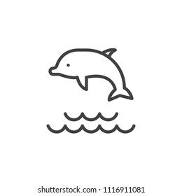 Dolphin jumping in the water outline icon. linear style sign for mobile concept and web design. Playing dolphin in ocean waves simple line vector icon. Symbol, logo illustration. Pixel perfect vector