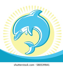 Dolphin jumping in water waves.Vector symbol of seascape with yellow sun 