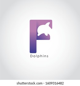 Dolphin Jumping Wave Corporate Logo Template. Letter F. Creative Design with Colorful Logotype. Vector Illustration.