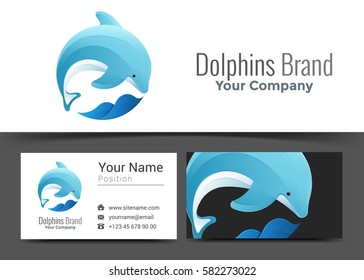 Dolphin Jumping Wave Corporate Logo and Business Card Sign Template. Creative Design with Colorful Logotype Visual Identity Composition Made of Multicolored Element. Vector Illustration.