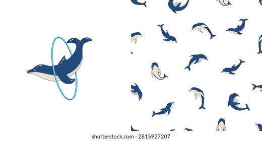 Dolphin jumps into hoop clip art and seamless pattern with dolphins. A set of vector illustrations of dolphins in a dolphinarium.