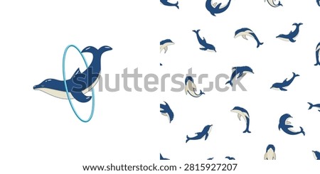 Dolphin jumps into hoop clip art and seamless pattern with dolphins. A set of vector illustrations of dolphins in a dolphinarium.