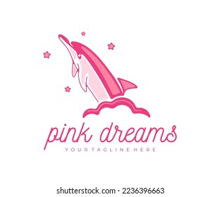 Dolphin jumps out of the cloud, sky and stars, logo design. Dreams, fantasy, marine life, animals and fish, vector design and illustration