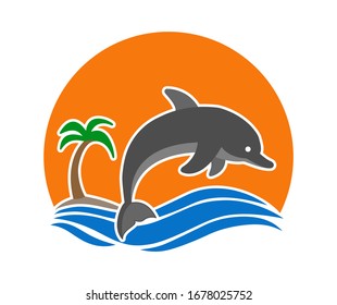 Dolphin jumps out of the water near an island with a palm tree against the background of sunset or dawn. Logo, logo, or sticker for websites and apps. Simple flat design