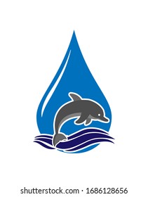 Dolphin jumps out of the waves against the background of a drop of water. Logo, logo, or sticker for websites and apps. Simple flat design