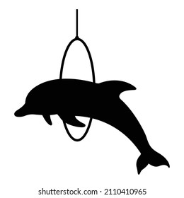 Dolphin jumps through the ring. Trained dolphin. Vector illustration. Black silhouette on a white background.