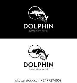 Dolphin jumps from water through a circle in simple silhouette logo design