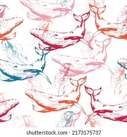 Dolphin, killer whale and blue whale.  Watercolor seamless pattern.
