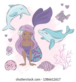 DOLPHIN KISS Mermaid Sea Animals Vector Illustration Set