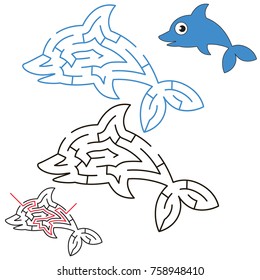 Dolphin, the labyrinth simple horizontal maze for nerdy children. Search hidden way, the educational game for kids.